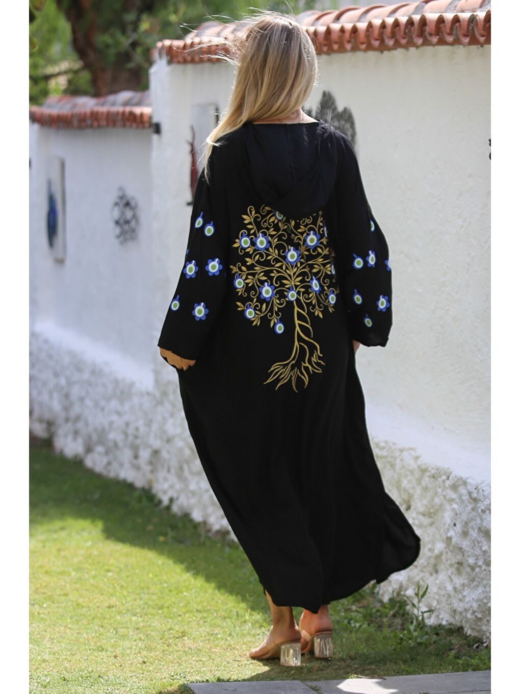 Siyah Kapüşonlu Uzun Kol Fermuarlı Baskılı Long Fit Dokuma Oversize Casual Elbise-7