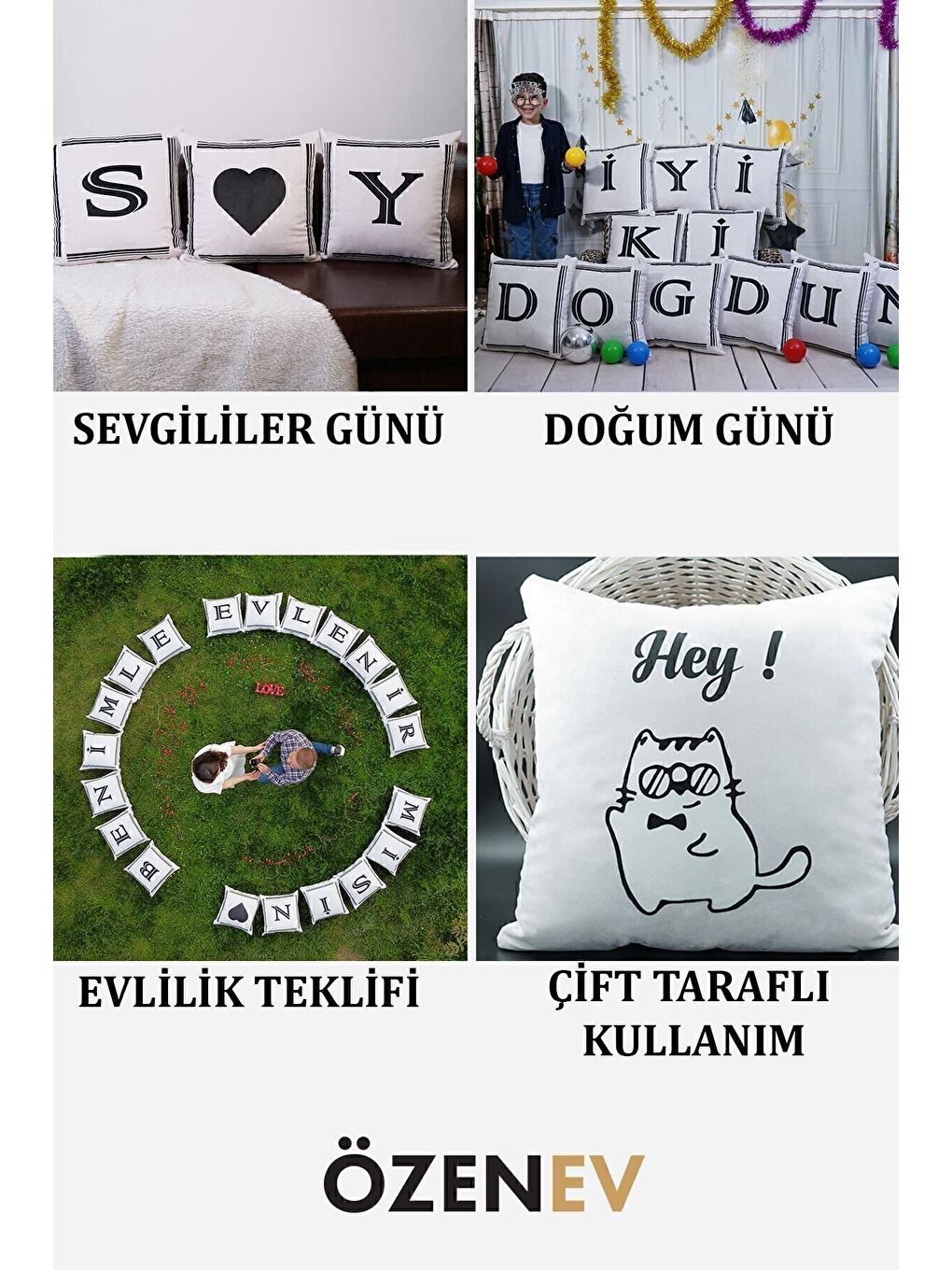 Beyaz Kalpli Kırlent Kılıfı Kadife 43x43 Cm Çift Taraflı Kalp Kedi Desenli Evlilik Teklifi Doğum Günü-3