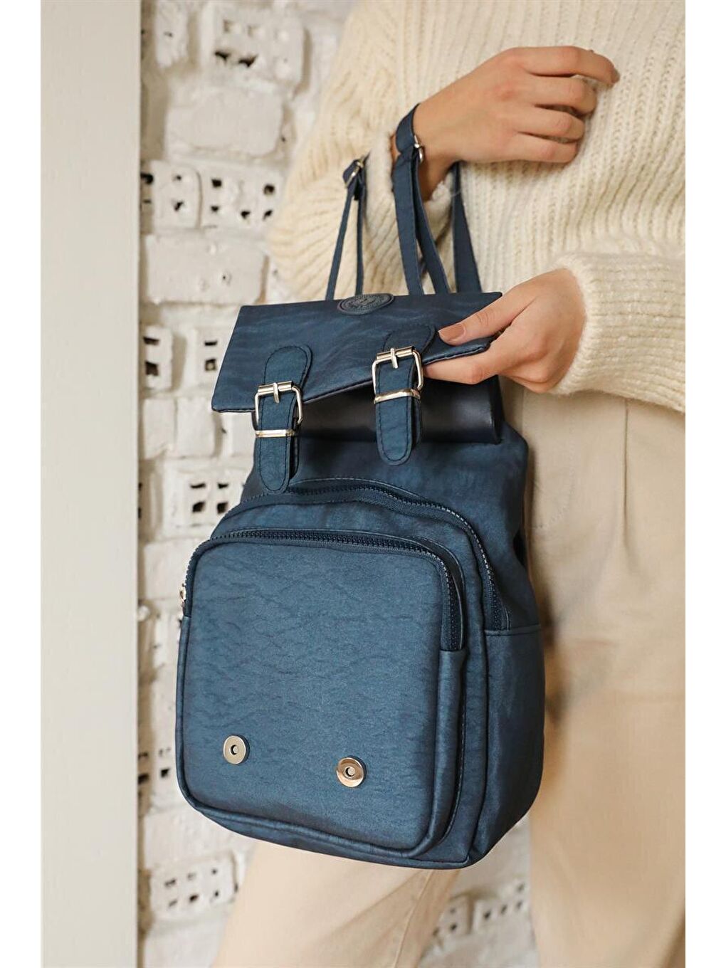 Lacivert Kadın Krinkıl Kumaş Okul El Ve Sırt Çantası-3