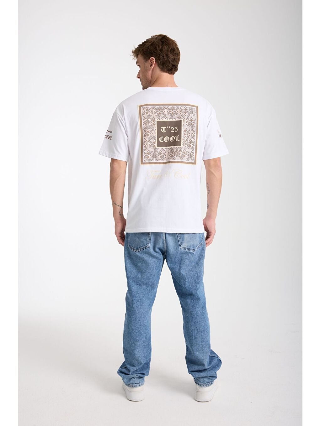 Erkek Beyaz Cool Ön Ve Arka Baskılı Oversize Bisiklet Yaka Tişört-3