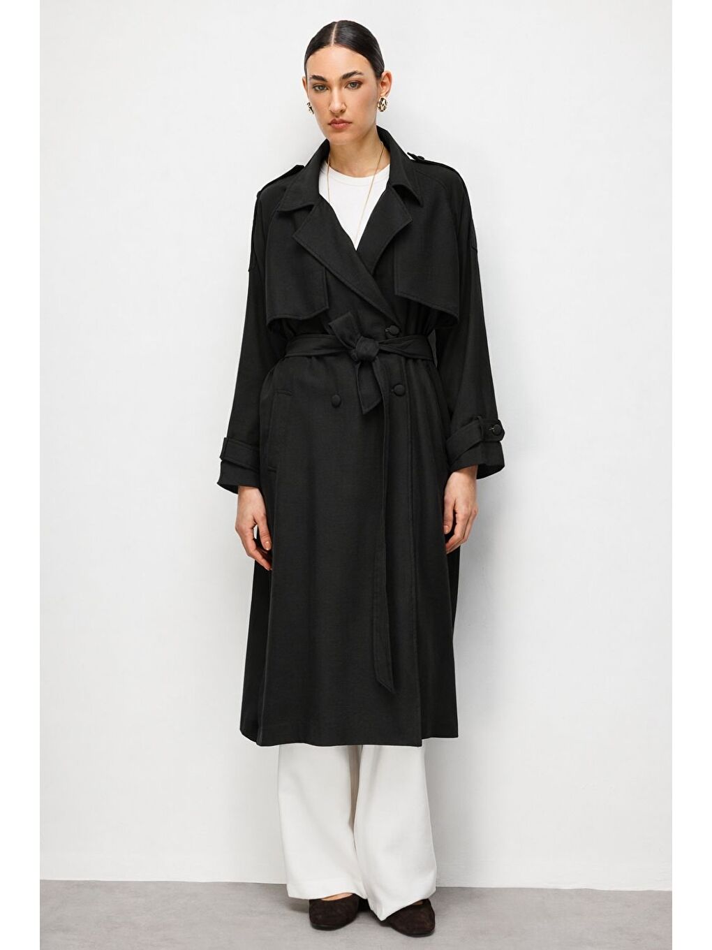 Oversize Siyah Lyocell Trençkot-1