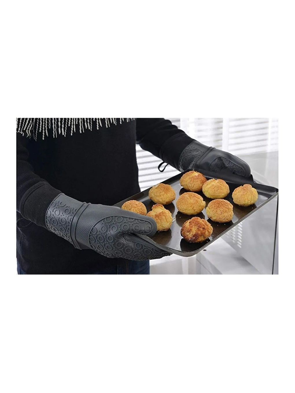 Antrasit Yanmaz Yapışmaz Yıkanabilir Pişirme Matı ve Gri Silikon Yanmaz Mutfak Fırın Eldiveni-3