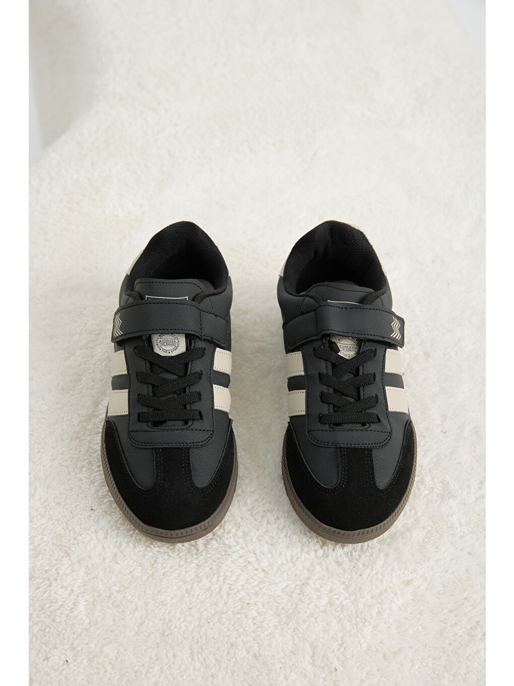 Çocuk Unisex Siyah Bej Termo Taban Yanı Şeritli Cırtlı Bağcıklı Sneaker-1