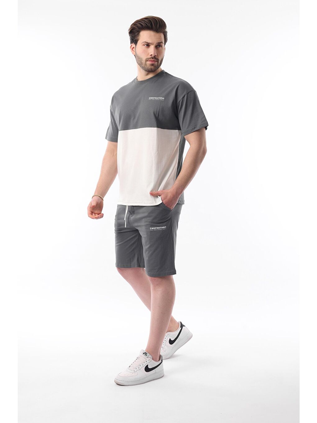 Gri Füme Baskılı Renk Bloklu Pamuklu Ayarlanabilir Bel Şort %100 Pamuk Takım 5952