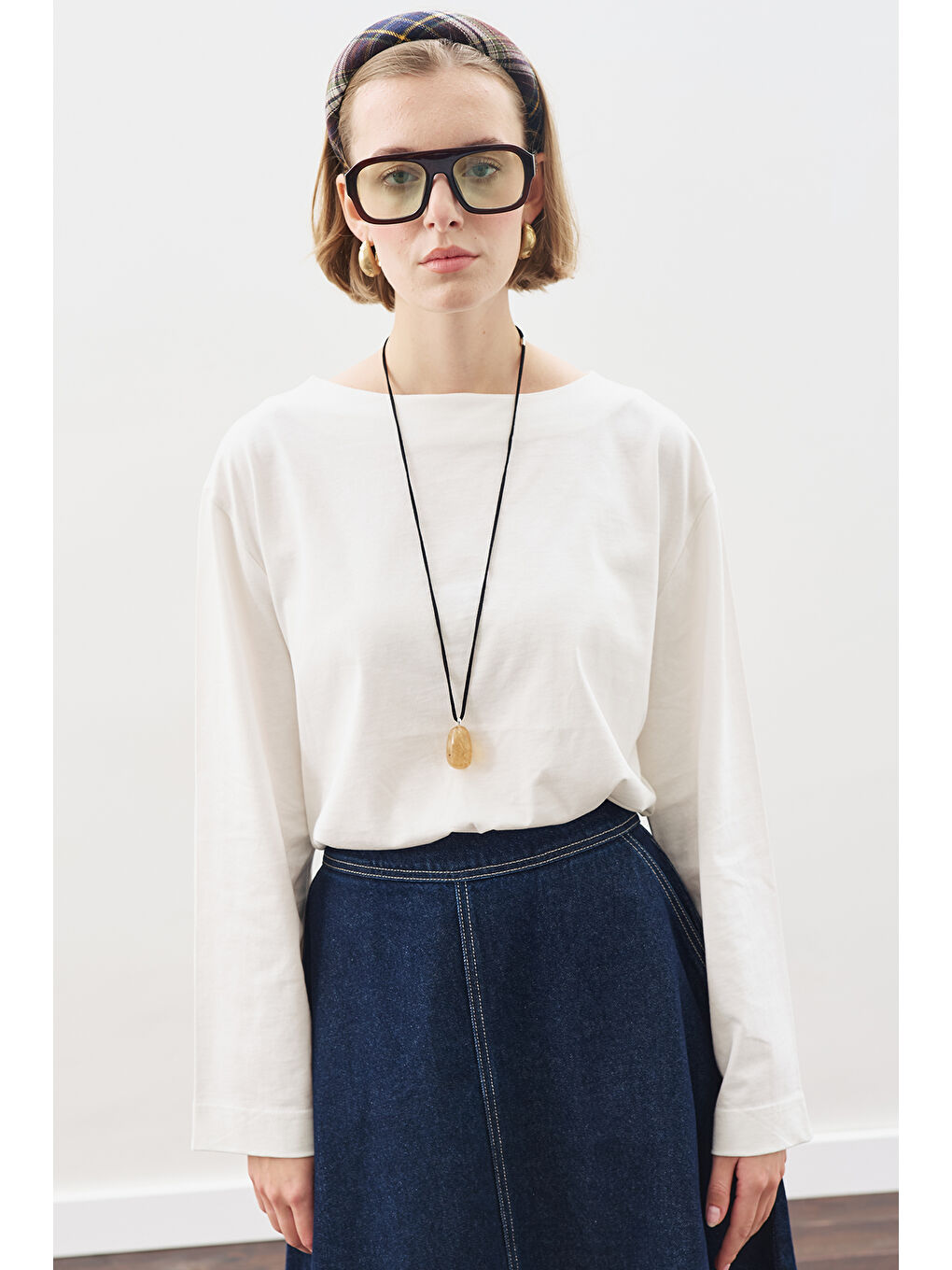 Kayık Yaka Uzun Kol Tshırt Ekru-2