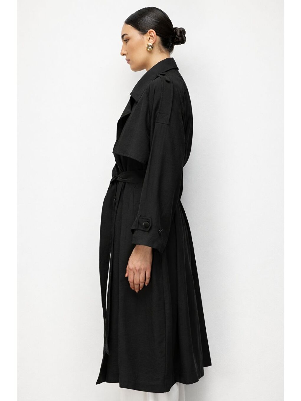 Oversize Siyah Lyocell Trençkot-2