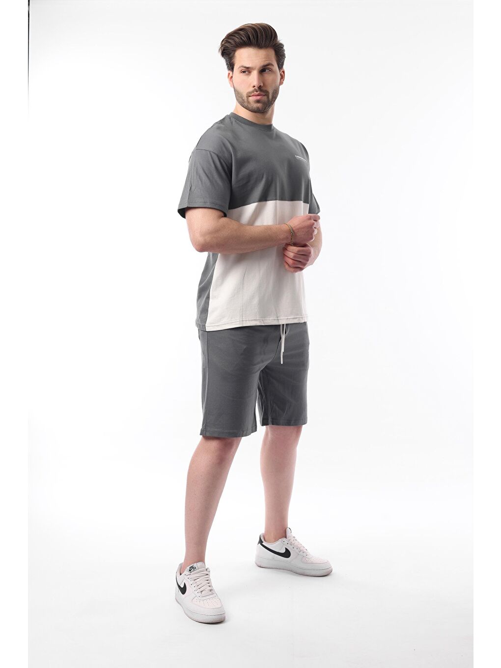 Gri Füme Baskılı Renk Bloklu Pamuklu Ayarlanabilir Bel Şort %100 Pamuk Takım 5952-1