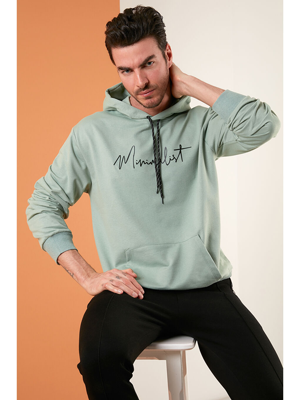 Buratti Yeşil Slim Fit Baskılı Kapüşonlu Kanguru Cepli Pamuklu Erkek Sweat 5414019