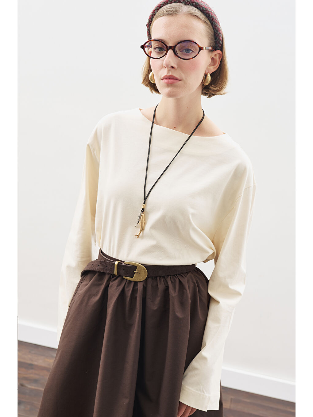 Bej Kayık Yaka Uzun Kol Tshırt Vanilya-2