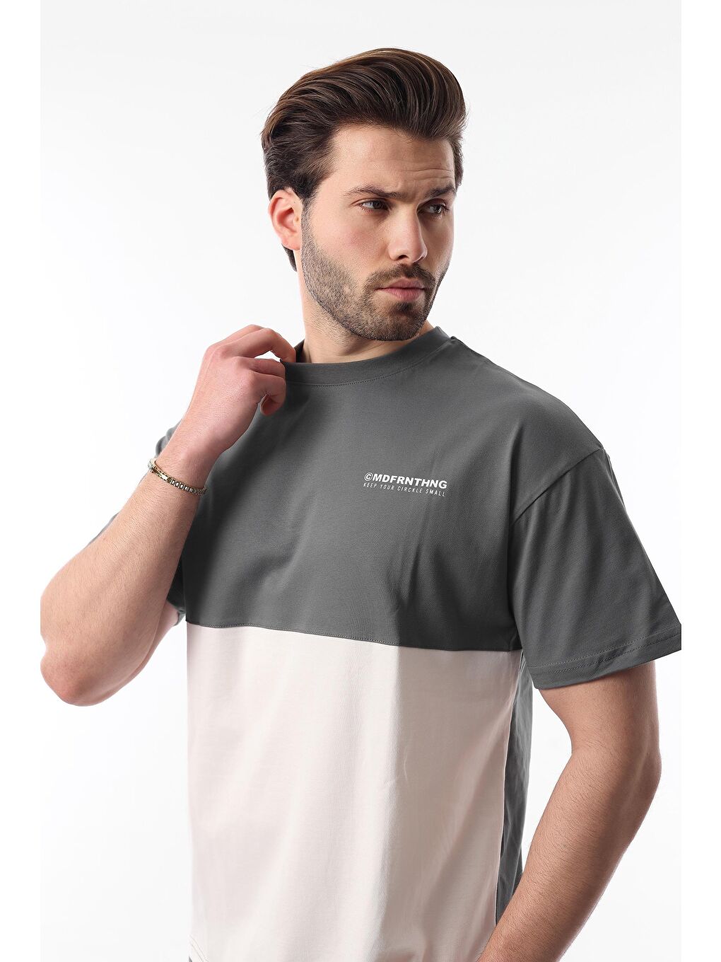 Gri Füme Baskılı Renk Bloklu Pamuklu Ayarlanabilir Bel Şort %100 Pamuk Takım 5952-2