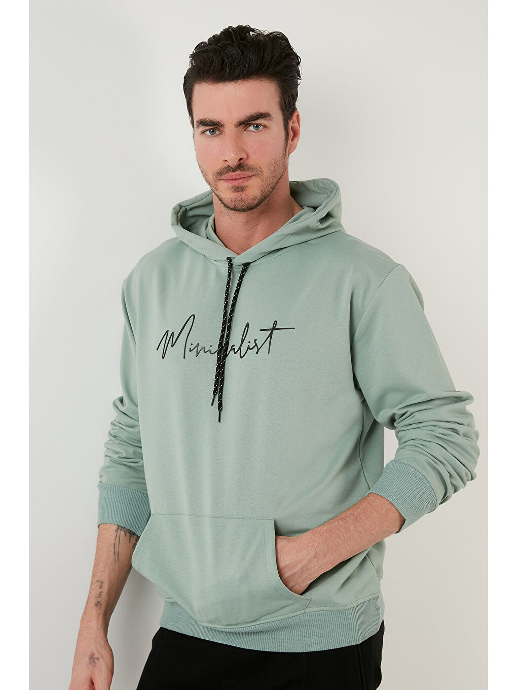 Buratti Yeşil Slim Fit Baskılı Kapüşonlu Kanguru Cepli Pamuklu Erkek Sweat 5414019 - 2