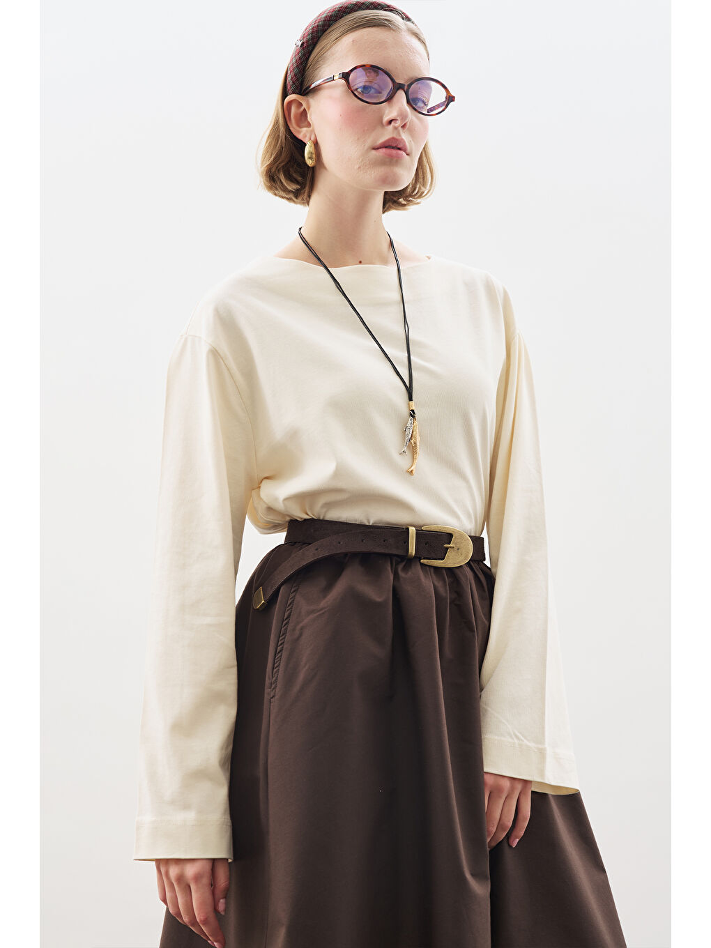 Bej Kayık Yaka Uzun Kol Tshırt Vanilya-3