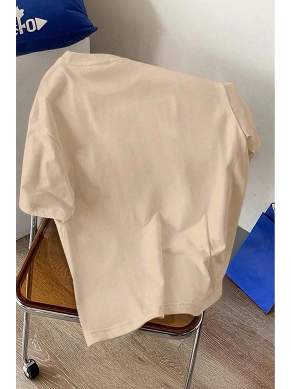 Bej Bambu Panda Grafikli Cep Detaylı Kısa Kollu Oversize Unisex Bisiklet Yaka Tişört-2
