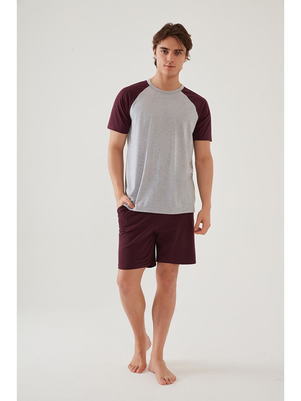 Haki Erkek Pamuklu Cep Detaylı Reglan %100 Pamuk Kol Pijama Takımı