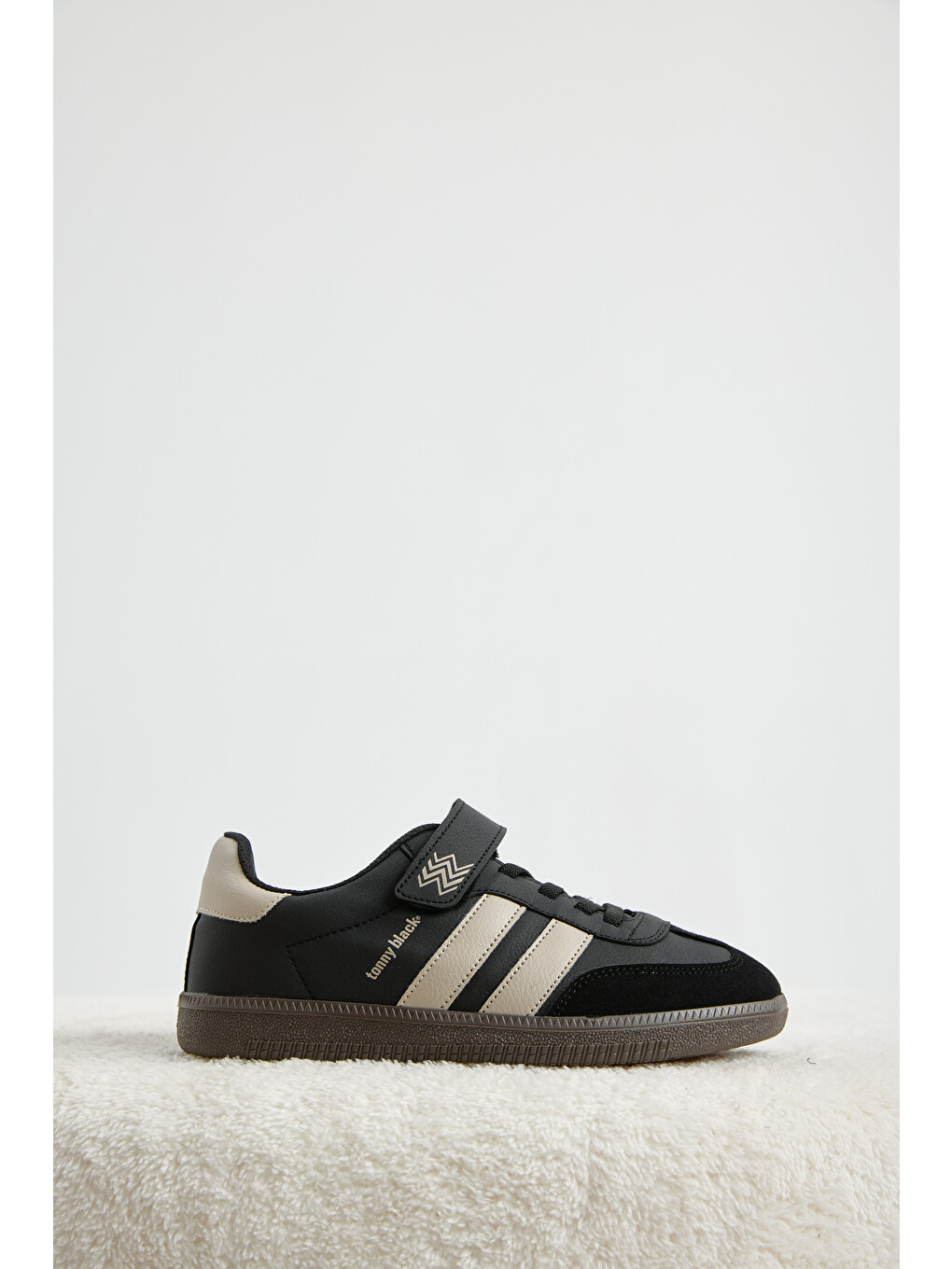 Çocuk Unisex Siyah Bej Termo Taban Yanı Şeritli Cırtlı Bağcıklı Sneaker-2