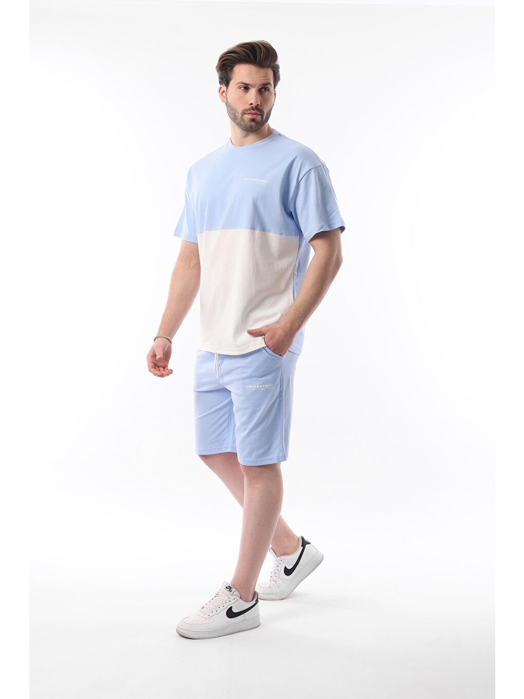 Mavi Baskılı Renk Bloklu Pamuklu Ayarlanabilir Bel Şort %100 Pamuk Takım 5952