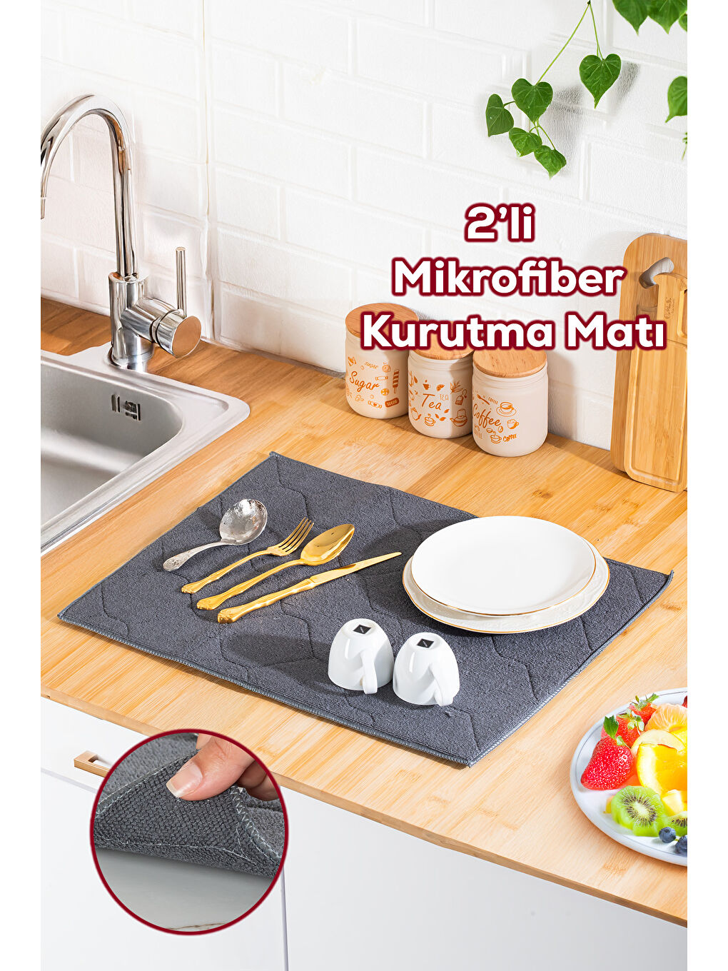 3139-3 2li Mikrofiber Tezgah Üstü Kurutma Matı Kurulama Bezi Süper Emici Bulaşıklık Antrasit