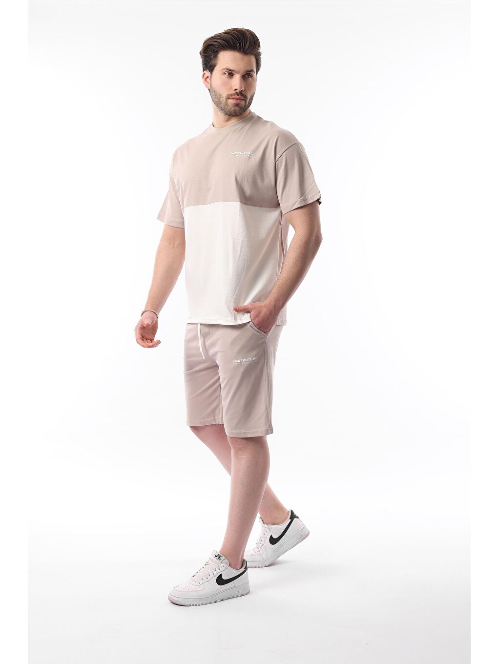 Bej Baskılı Renk Bloklu Pamuklu Ayarlanabilir Bel Şort %100 Pamuk Takım 5952