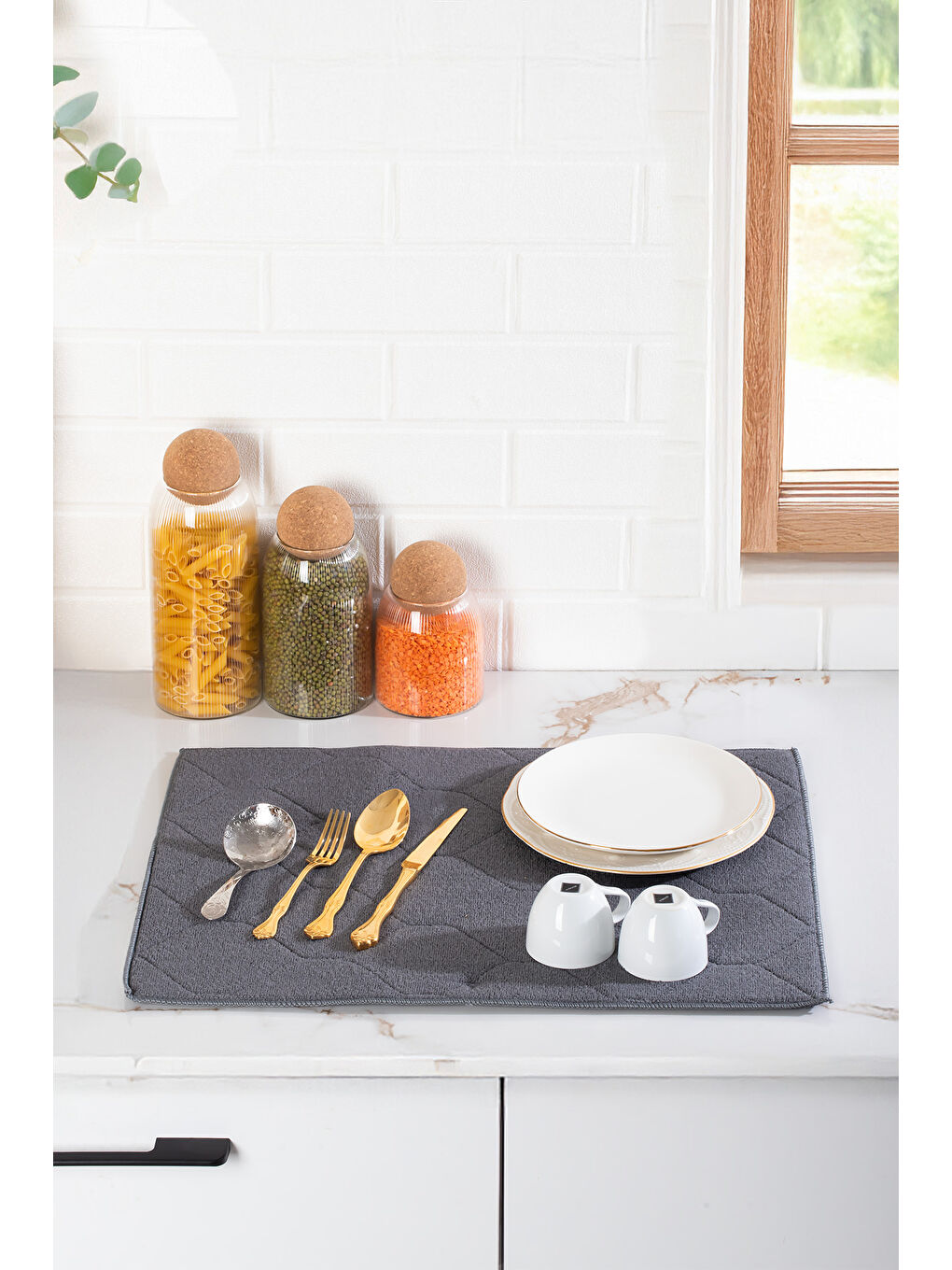 3139-3 2li Mikrofiber Tezgah Üstü Kurutma Matı Kurulama Bezi Süper Emici Bulaşıklık Antrasit-1