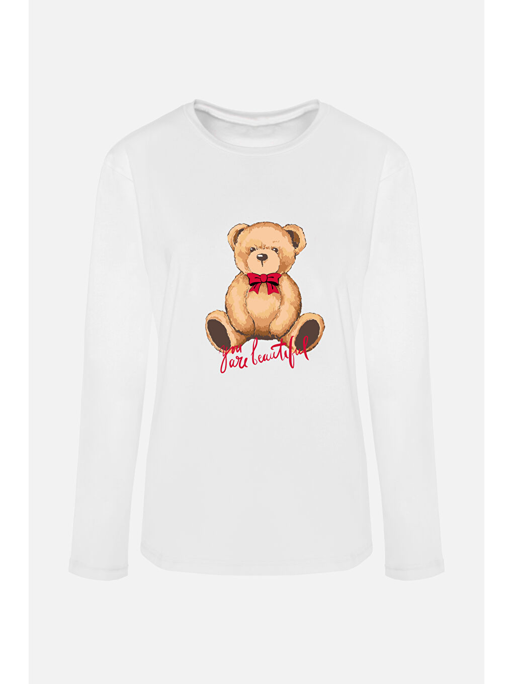 Koza İç Giyim Beyaz Kadın Soft Touch Pamuklu Uzun Kollu Basic Ayıcık Desenli Pijama Takımı - 1