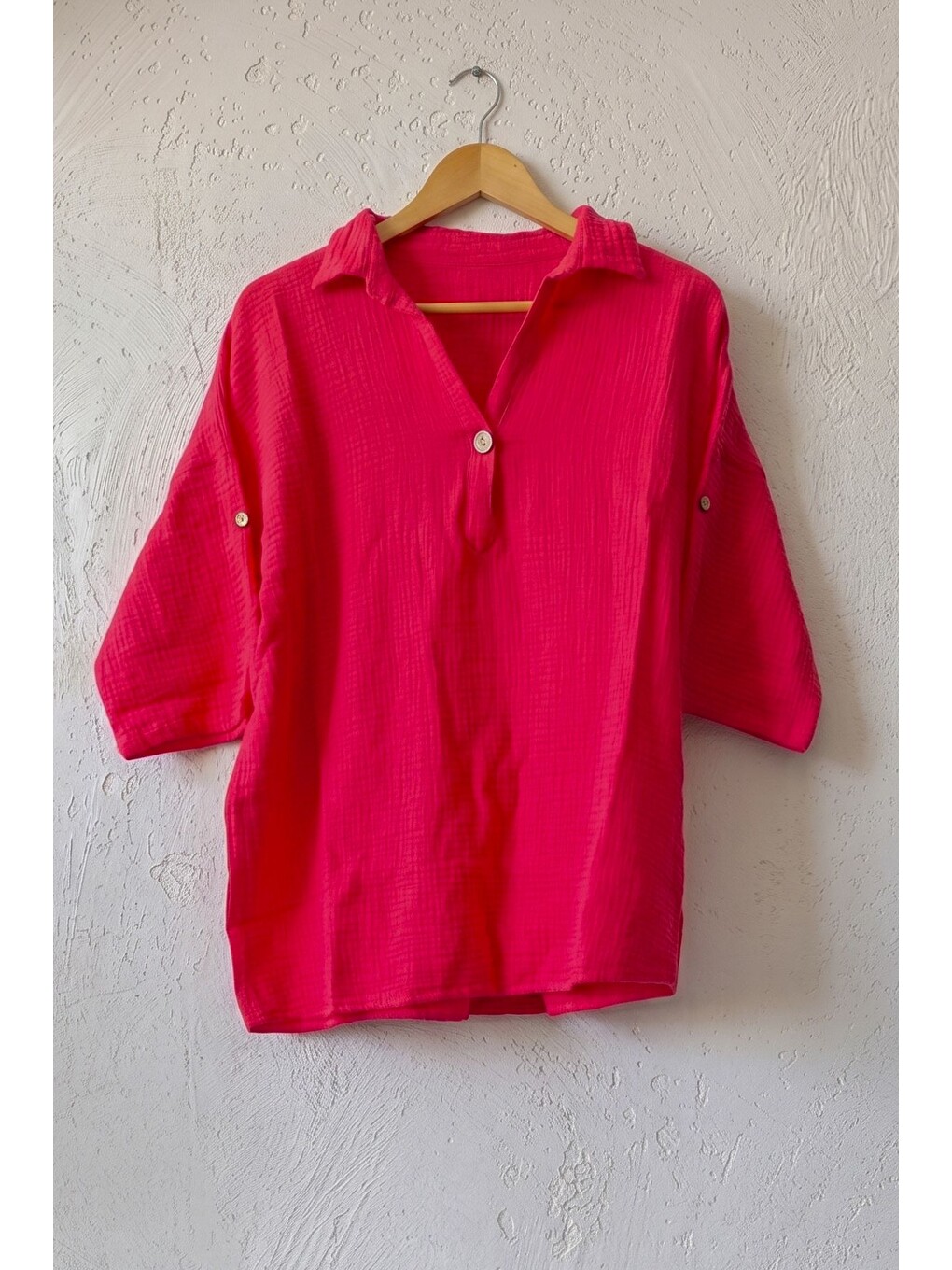 Kırmızı Narçiçeği Gömlek Yaka Düğmeli 3/4 Kol Casual Müslin Oversize Dokuma Bluz 67 65-1