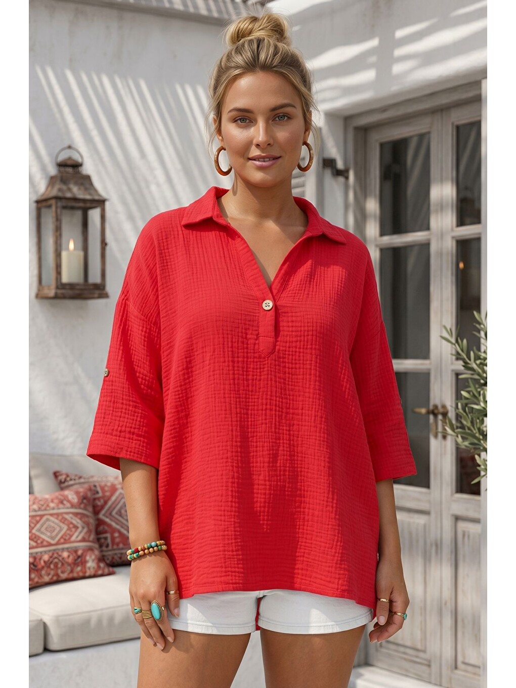 Kırmızı Narçiçeği Gömlek Yaka Düğmeli 3/4 Kol Casual Müslin Oversize Dokuma Bluz 67 65-2