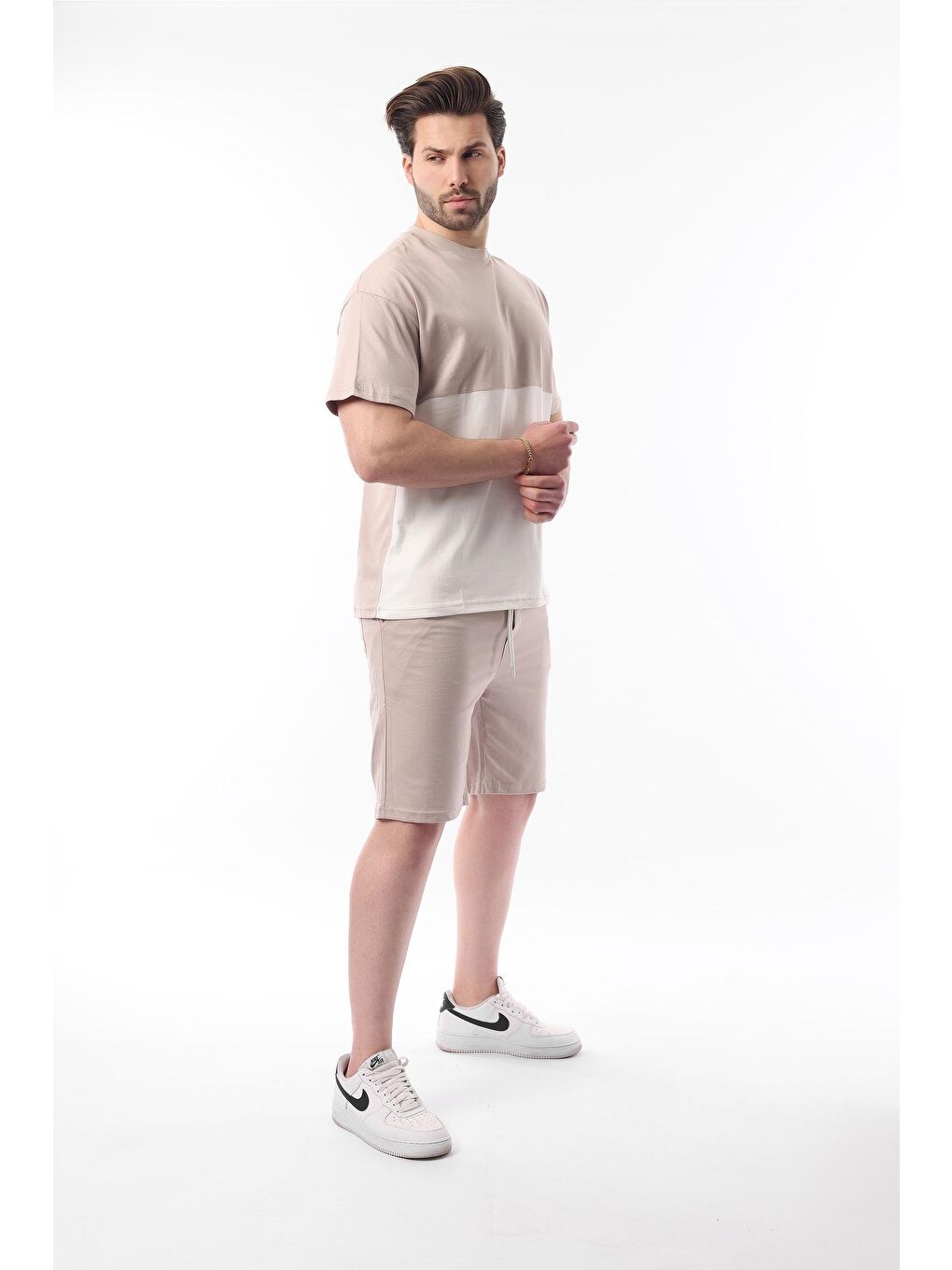 Bej Baskılı Renk Bloklu Pamuklu Ayarlanabilir Bel Şort %100 Pamuk Takım 5952-1