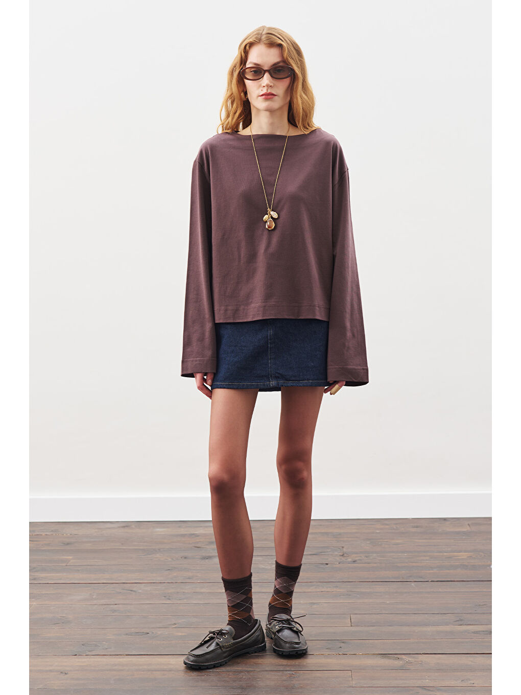 Kayık Yaka Uzun Kol Tshırt Kahverengi-1