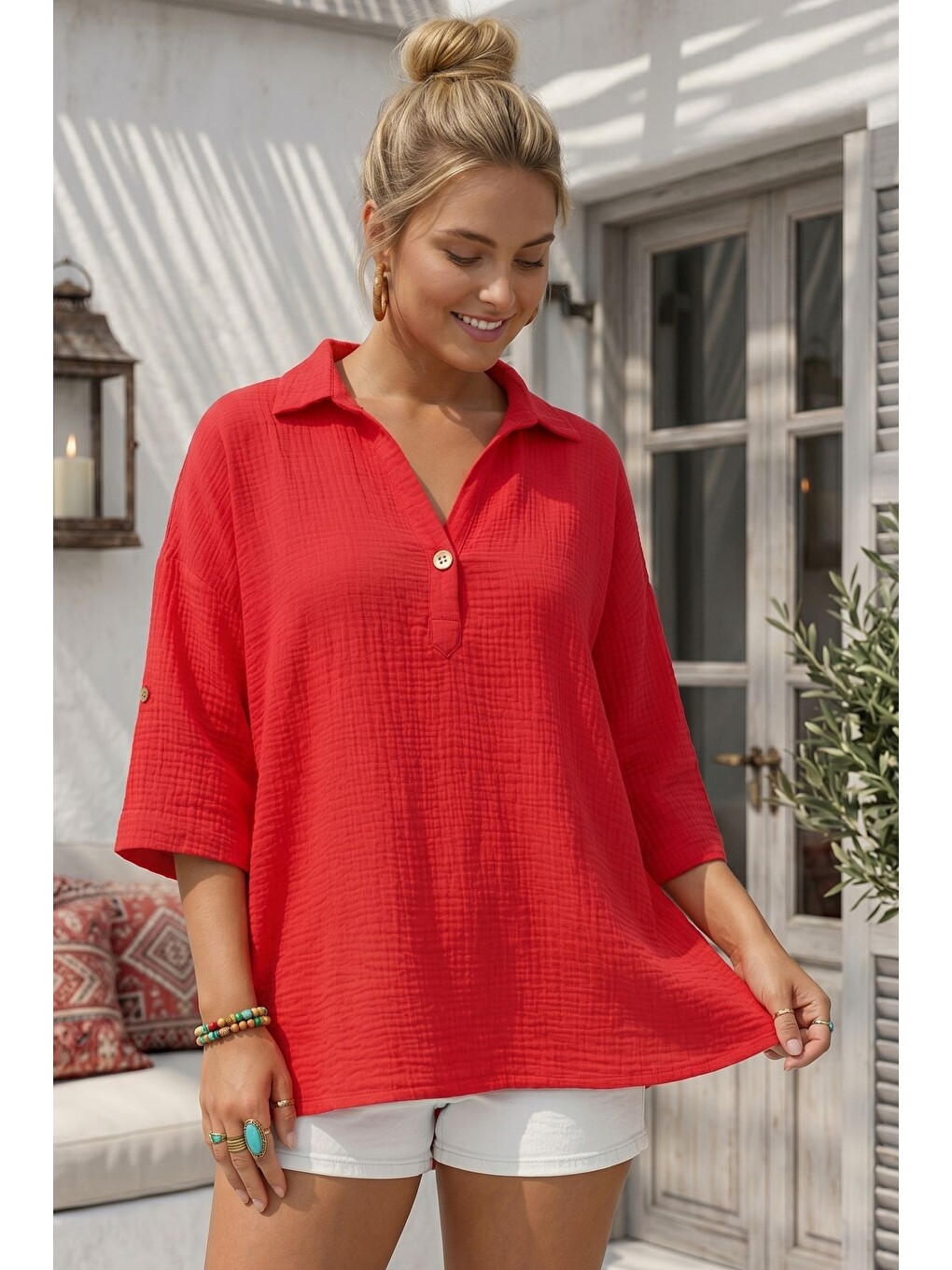 Kırmızı Narçiçeği Gömlek Yaka Düğmeli 3/4 Kol Casual Müslin Oversize Dokuma Bluz 67 65-3