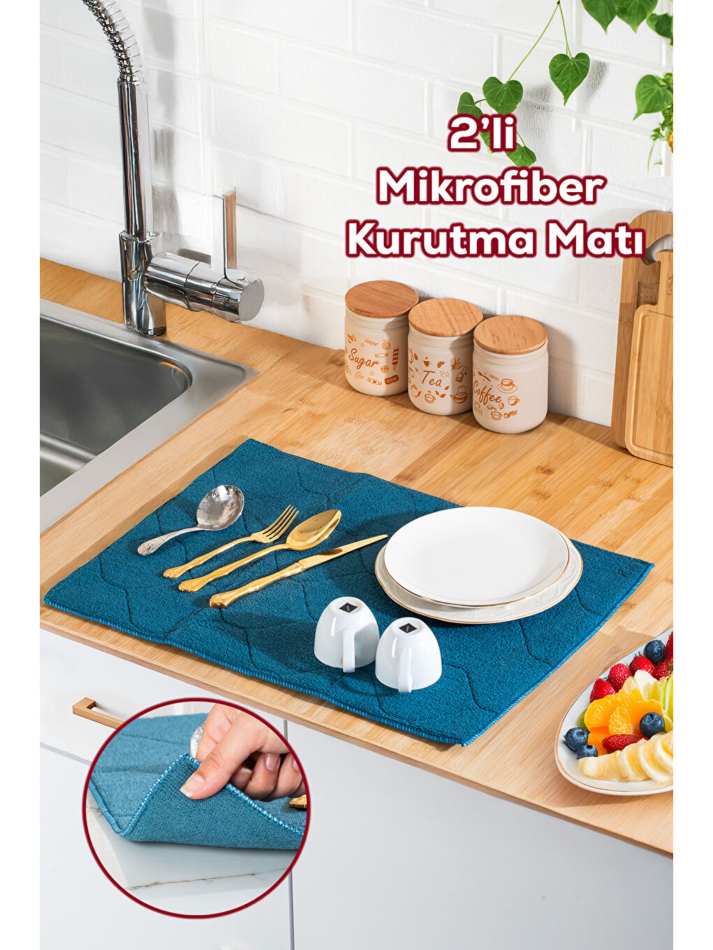 3139-2 2li Mikrofiber Tezgah Üstü Kurutma Matı Kurulama Bezi Süper Emici Bulaşıklık Mavi