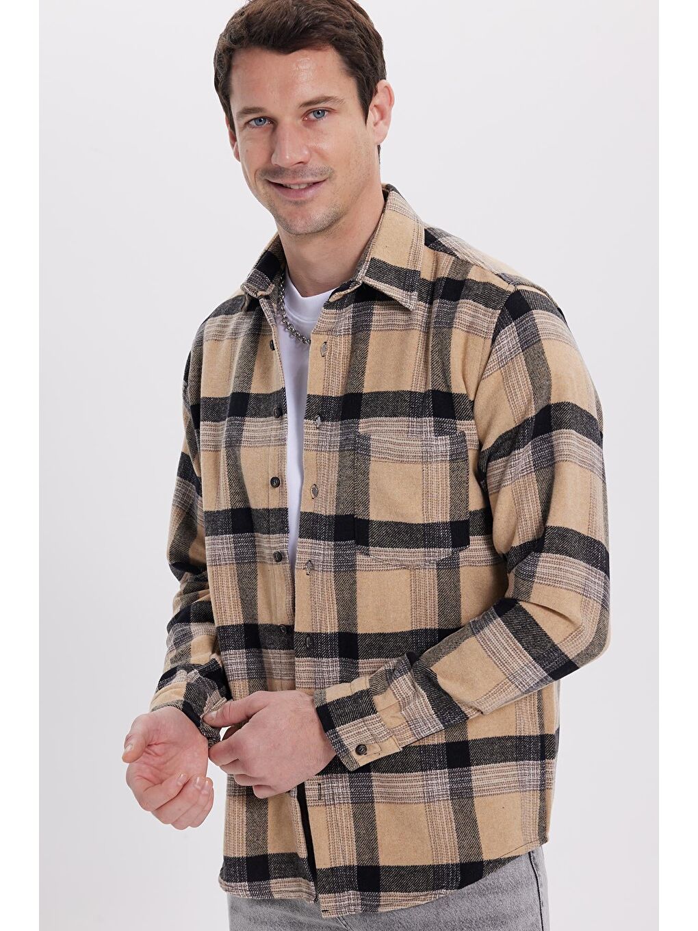 Bej Erkek Regular Fit Rahat Kesim Kışlık Kareli Oduncu Gömlek