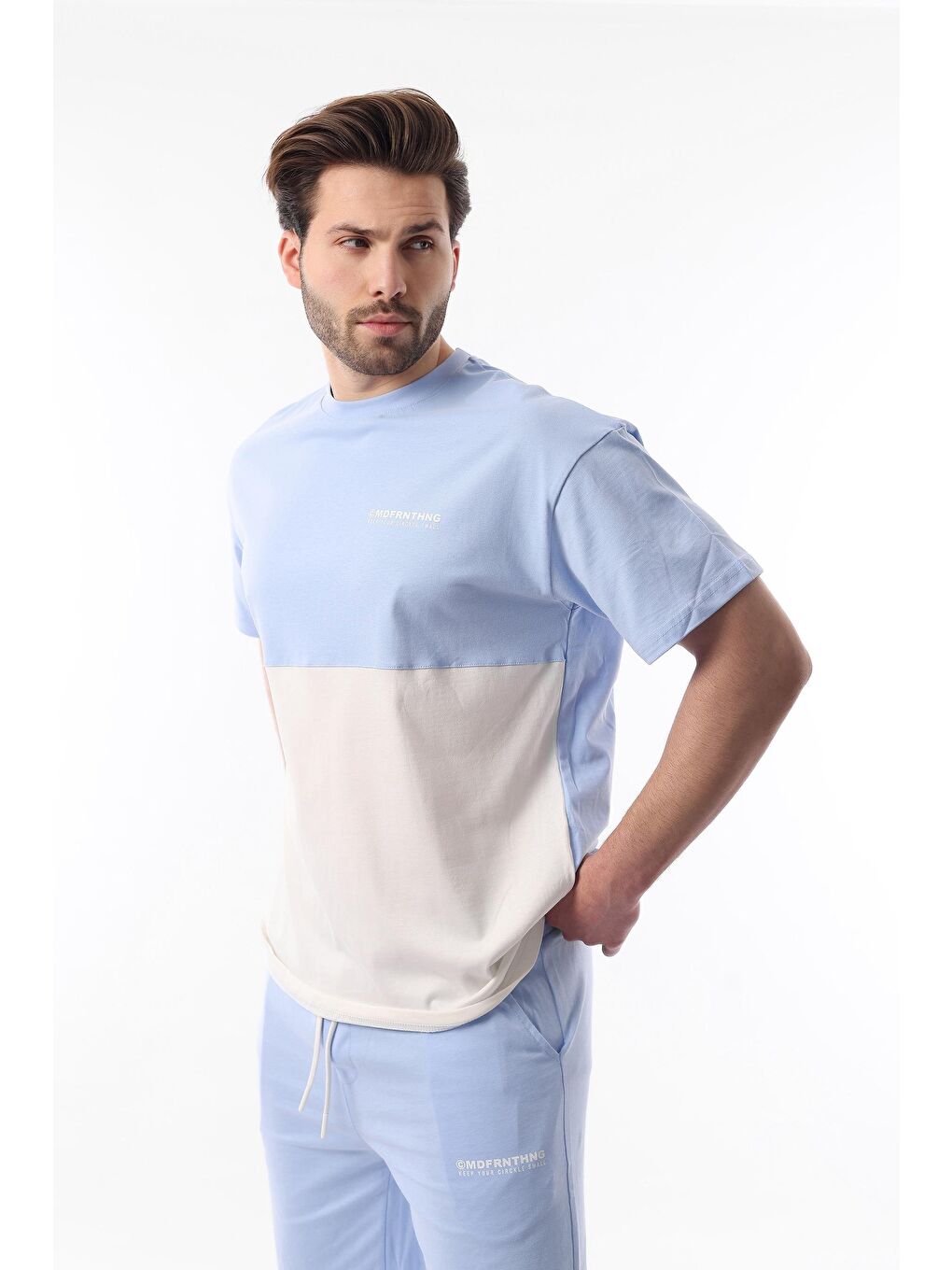 Mavi Baskılı Renk Bloklu Pamuklu Ayarlanabilir Bel Şort %100 Pamuk Takım 5952-2