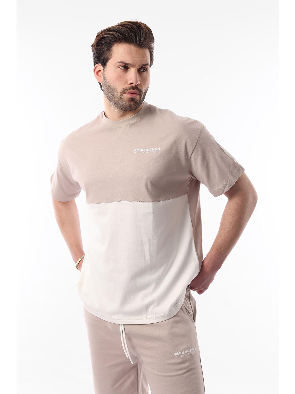 Bej Baskılı Renk Bloklu Pamuklu Ayarlanabilir Bel Şort %100 Pamuk Takım 5952-2