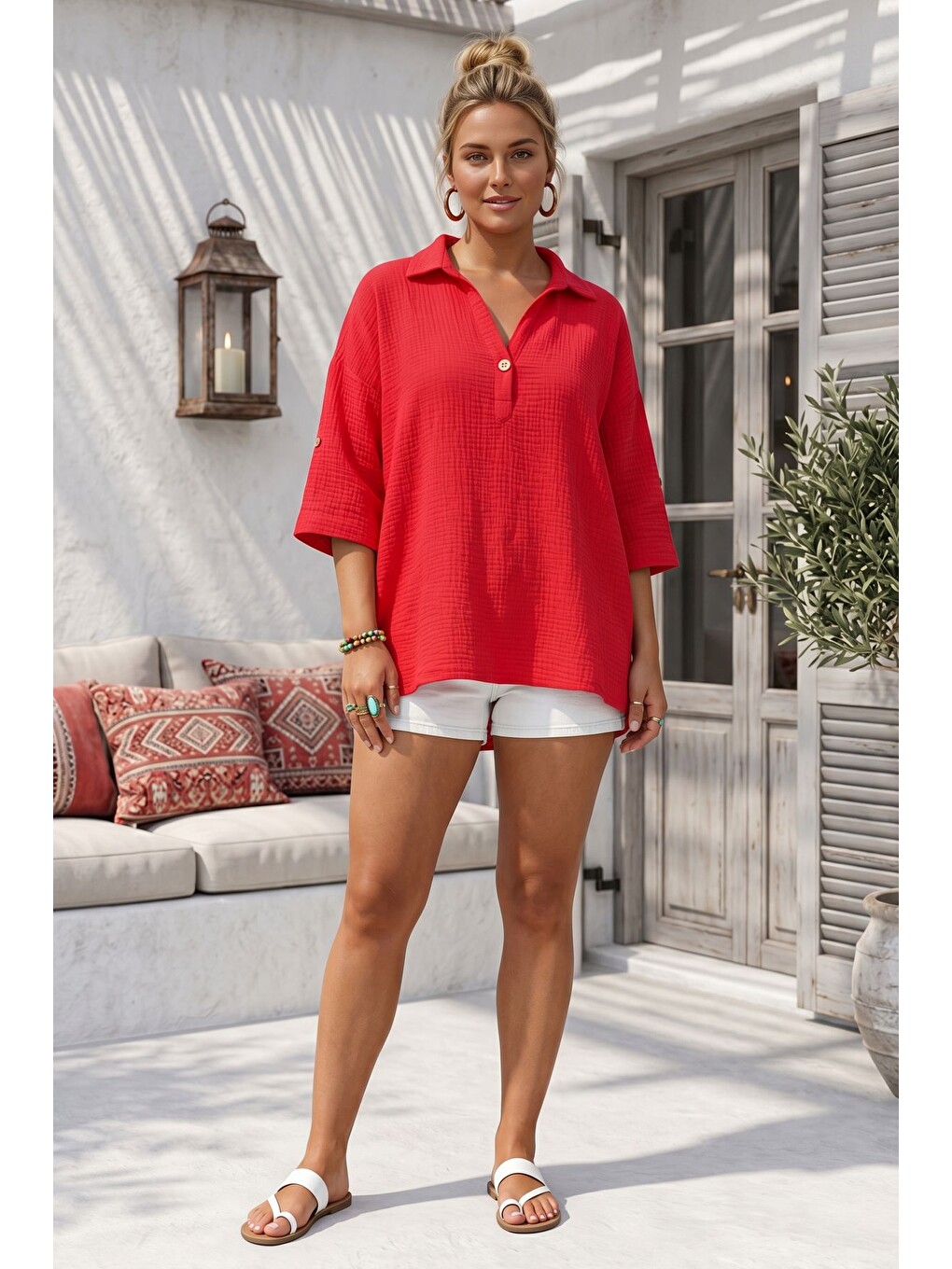 Kırmızı Narçiçeği Gömlek Yaka Düğmeli 3/4 Kol Casual Müslin Oversize Dokuma Bluz 67 65-5