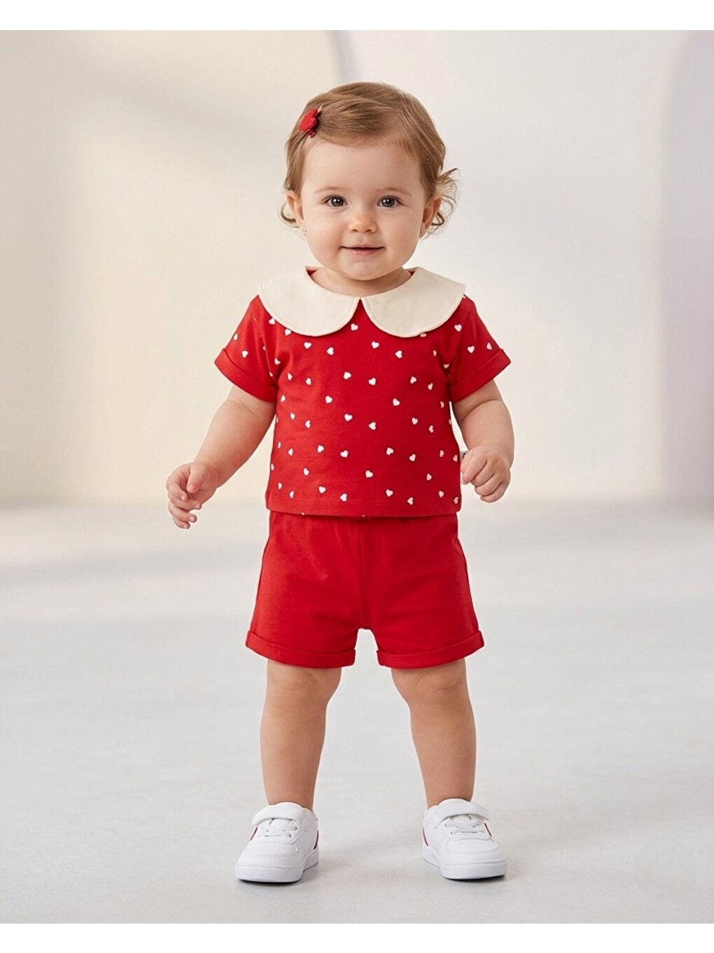 Kırmızı Kız Bebek Kalp Baskılı Bebe Yakalı 6-9-12-18-24 Aylık Bayramlık Şortlu Bebek Takımı