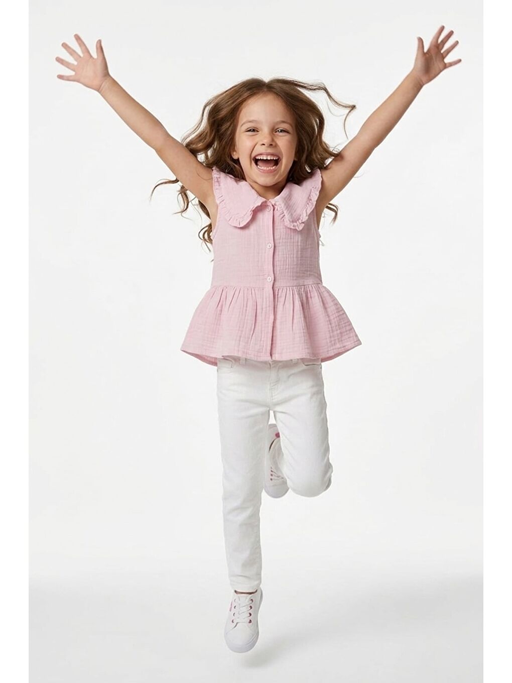 Pembe Fırfırlı Bebe Yaka Müslin Kumaş Kız Çocuk Gömlek-1