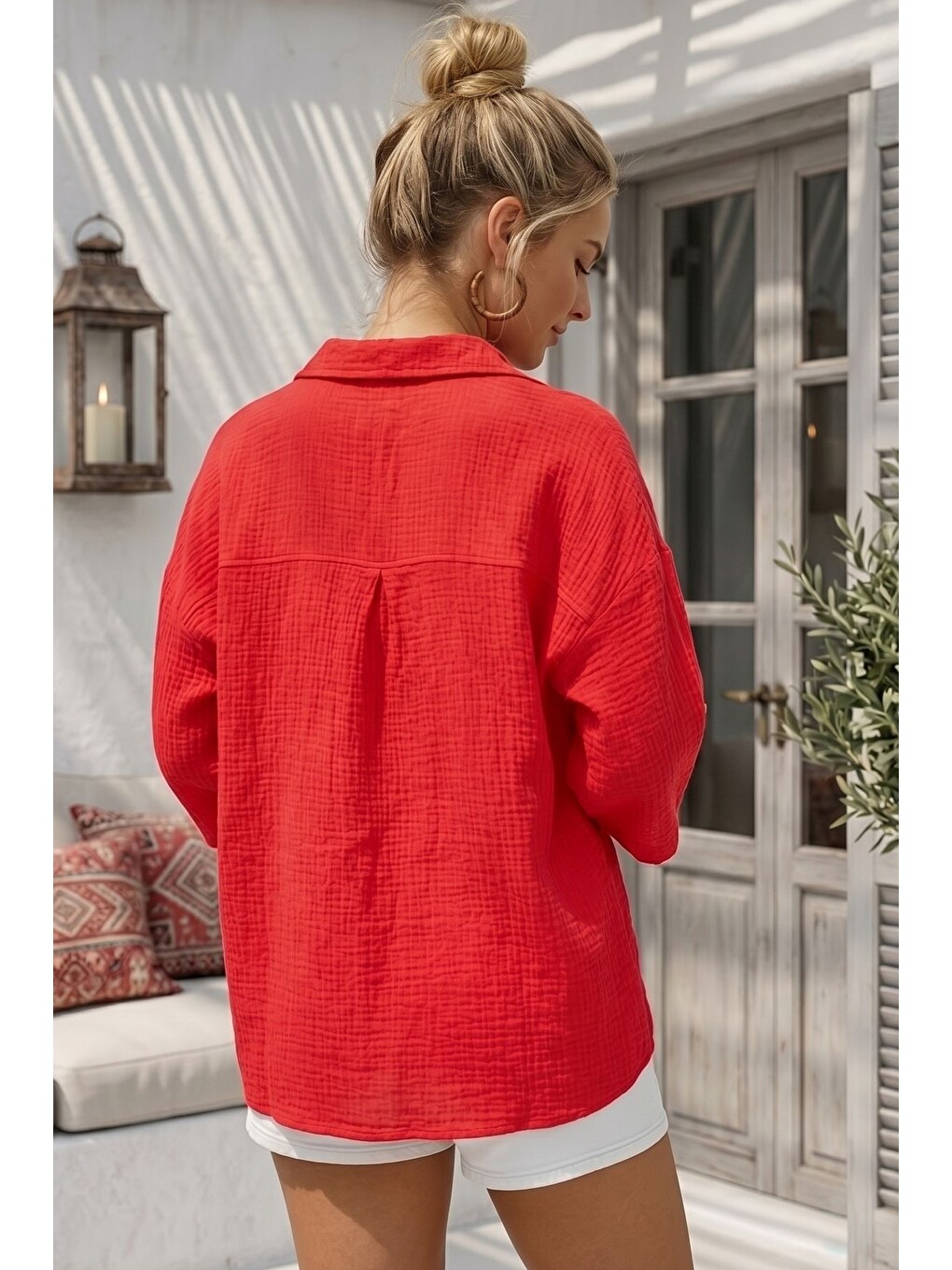 Kırmızı Narçiçeği Gömlek Yaka Düğmeli 3/4 Kol Casual Müslin Oversize Dokuma Bluz 67 65-6