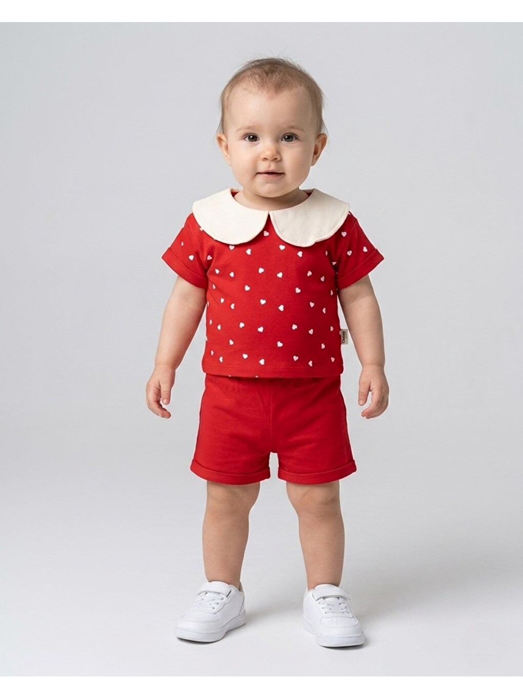 Kırmızı Kız Bebek Kalp Baskılı Bebe Yakalı 6-9-12-18-24 Aylık Bayramlık Şortlu Bebek Takımı-1
