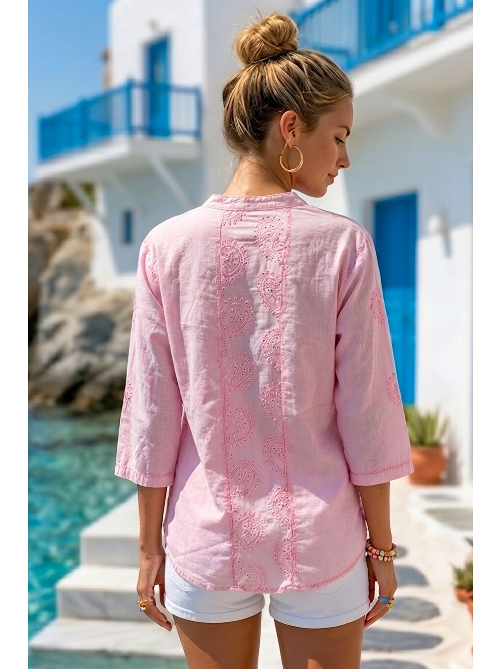 Pembe V Yaka 3/4 Kol Pullu Cepli Brodeli Delikişi Nakışlı Casual Pamuklu Dokuma Bluz 71 55-3