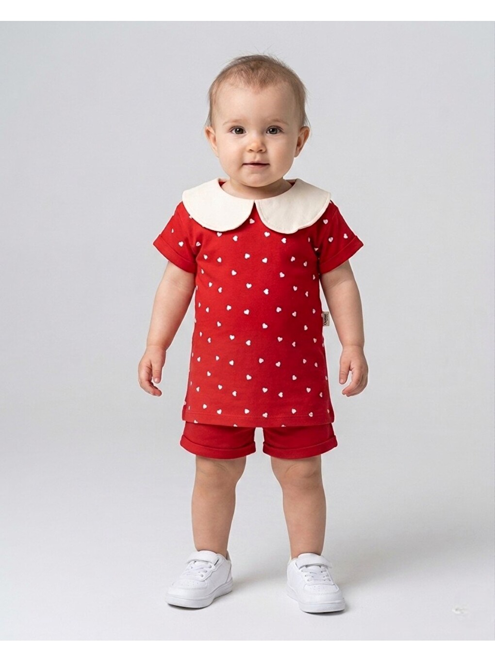 Kırmızı Kız Bebek Kalp Baskılı Bebe Yakalı 6-9-12-18-24 Aylık Bayramlık Şortlu Bebek Takımı-2