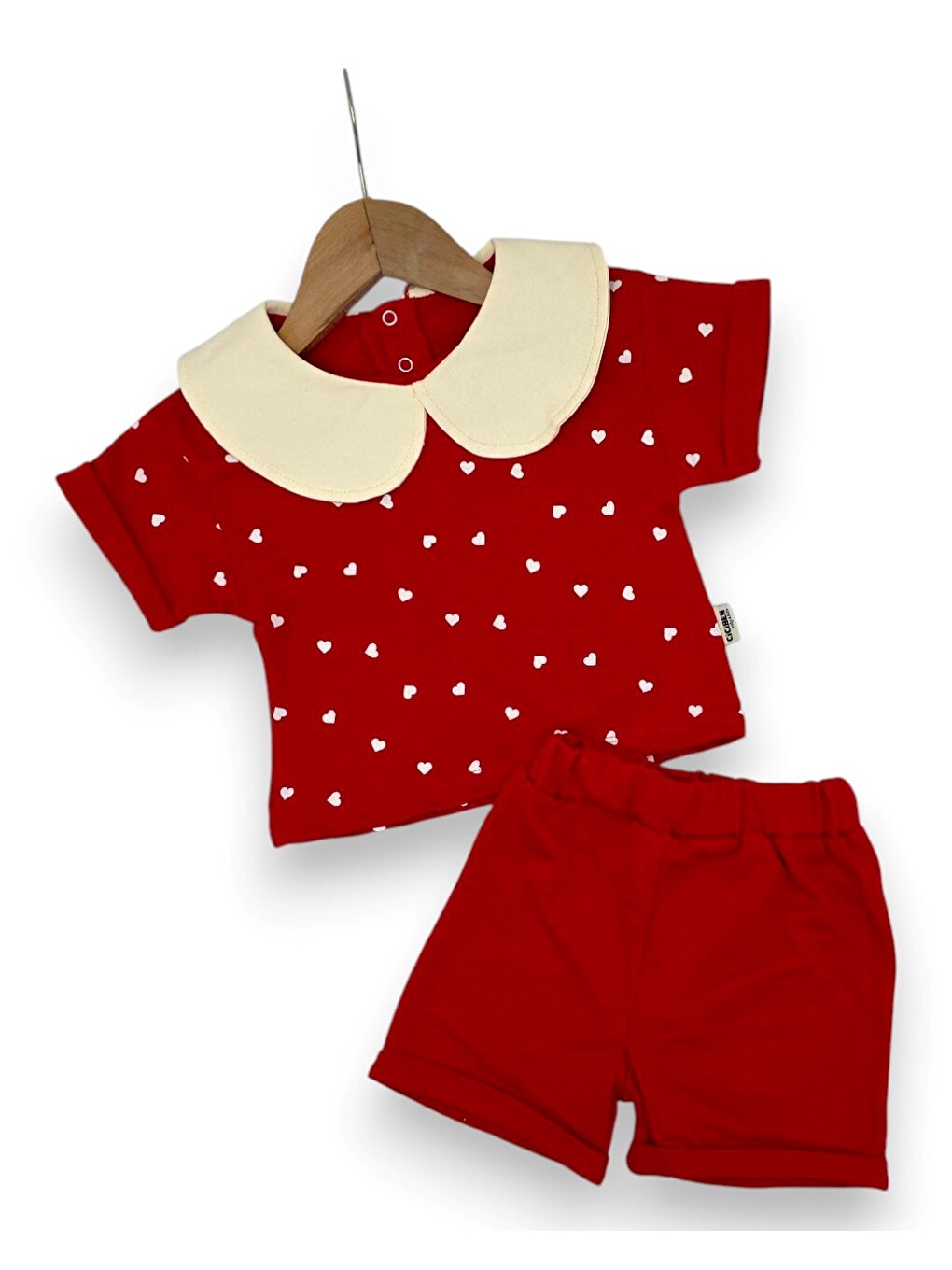 Kırmızı Kız Bebek Kalp Baskılı Bebe Yakalı 6-9-12-18-24 Aylık Bayramlık Şortlu Bebek Takımı-3