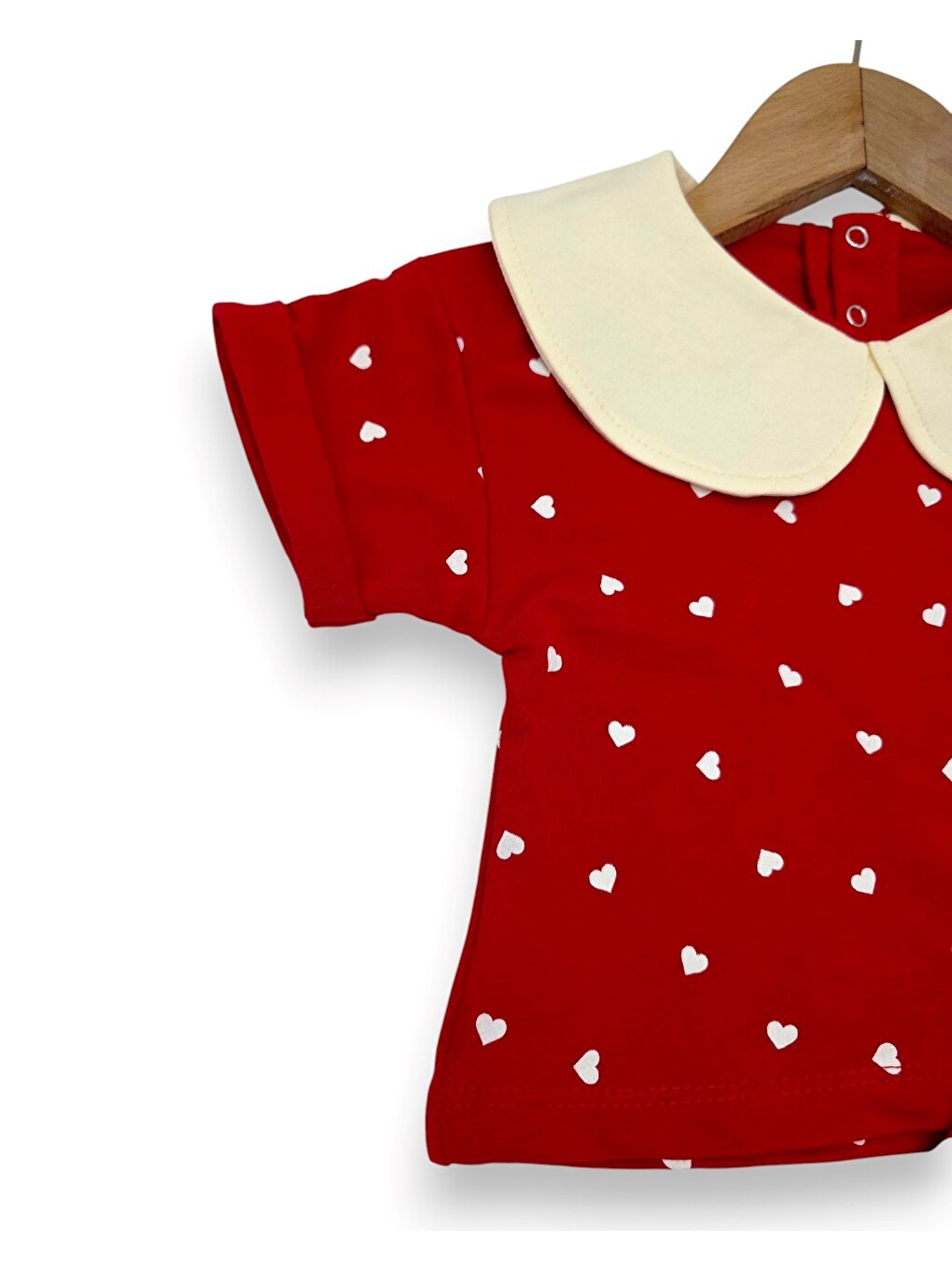 Kırmızı Kız Bebek Kalp Baskılı Bebe Yakalı 6-9-12-18-24 Aylık Bayramlık Şortlu Bebek Takımı-4