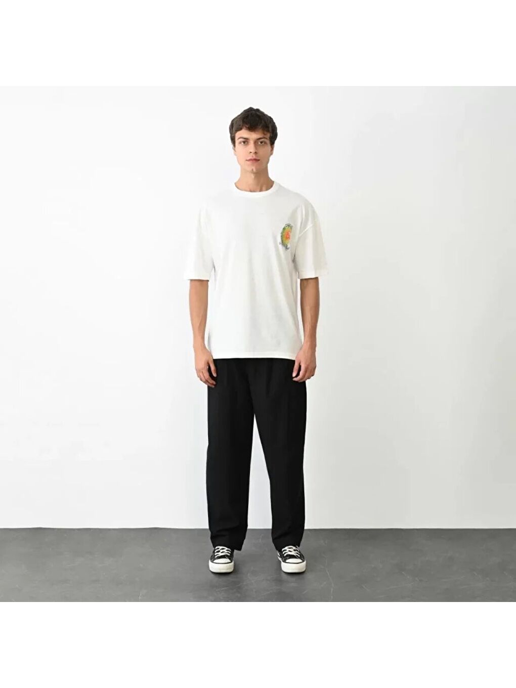 Unisex Bisiklet Yaka Baskılı Oversize T-Shirt - Beyaz-1