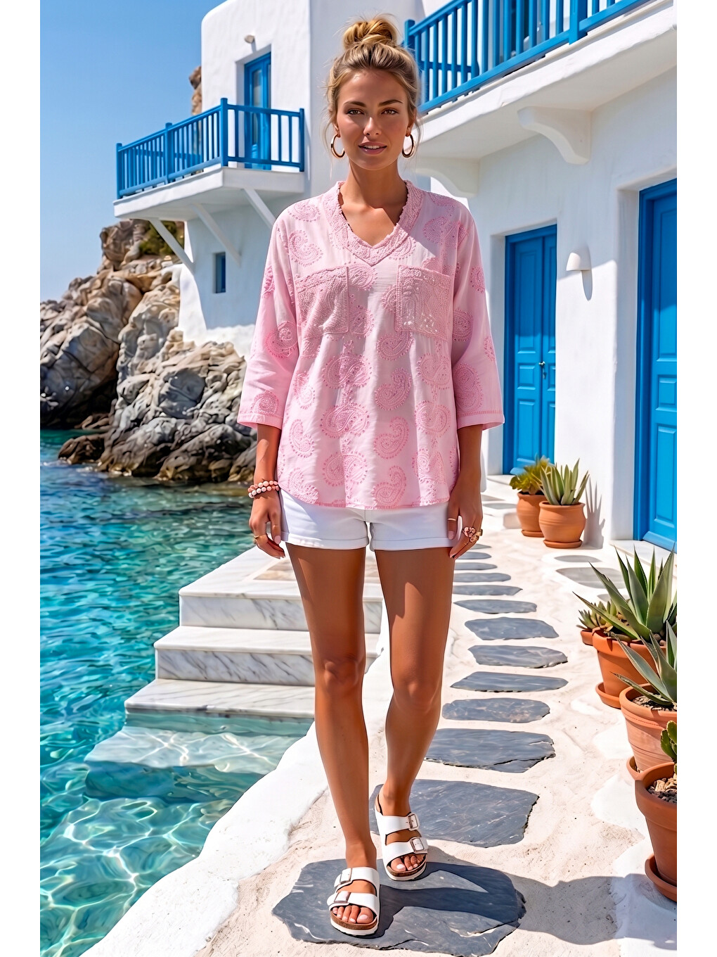 Pembe V Yaka 3/4 Kol Pullu Cepli Brodeli Delikişi Nakışlı Casual Pamuklu Dokuma Bluz 71 55-4