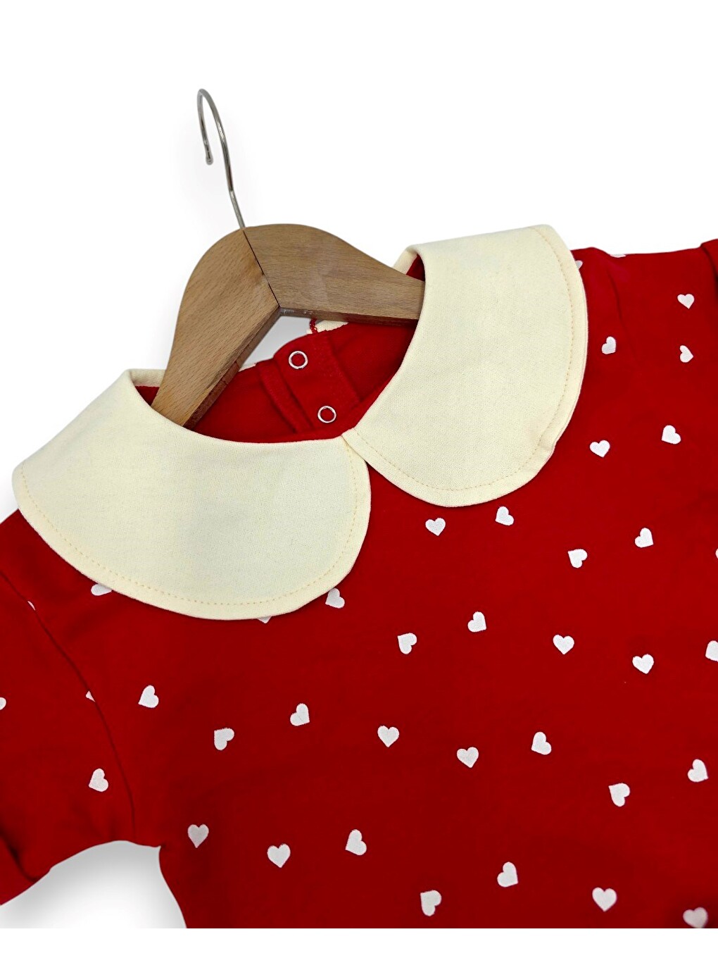 Kırmızı Kız Bebek Kalp Baskılı Bebe Yakalı 6-9-12-18-24 Aylık Bayramlık Şortlu Bebek Takımı-5