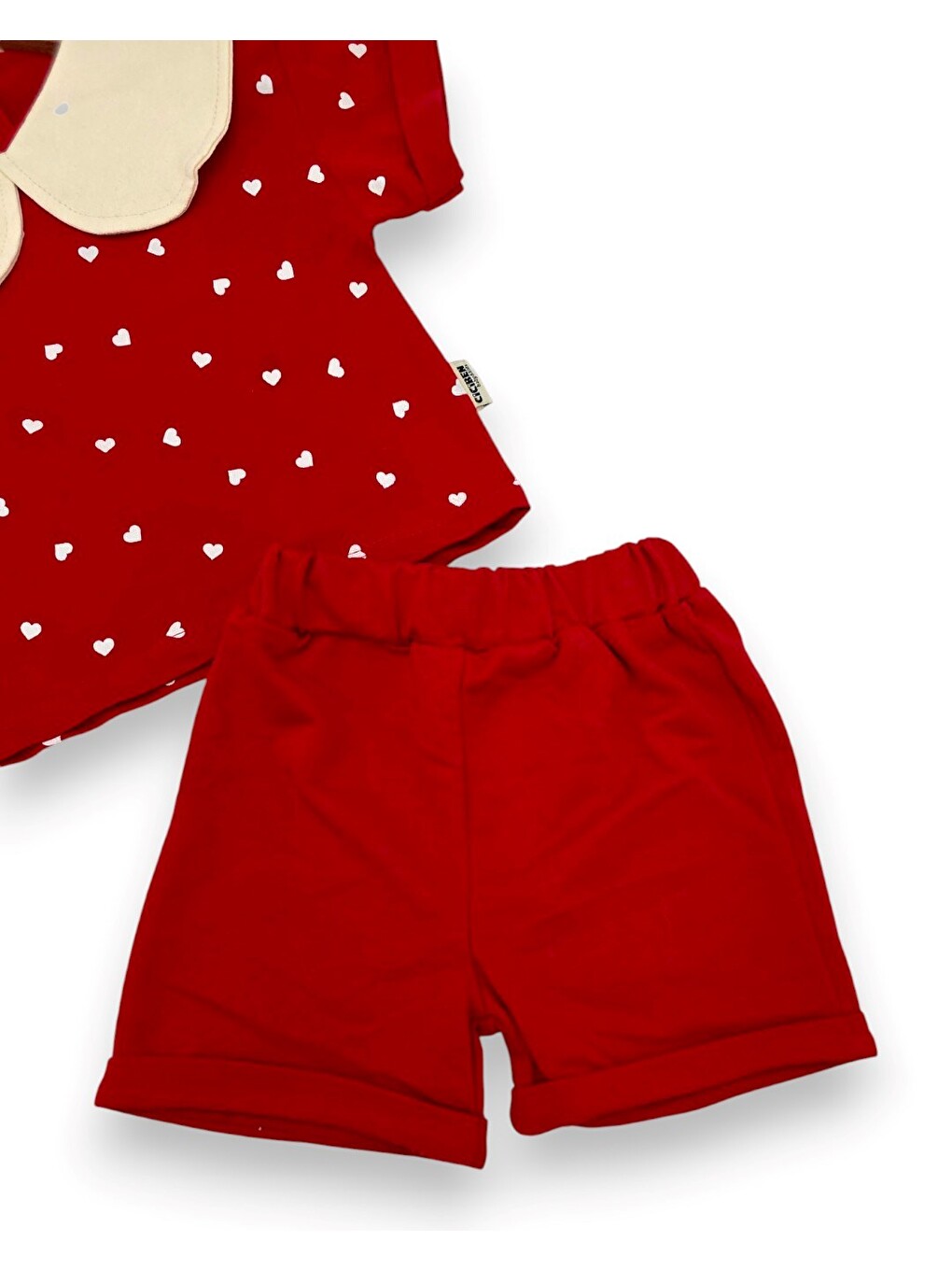 Kırmızı Kız Bebek Kalp Baskılı Bebe Yakalı 6-9-12-18-24 Aylık Bayramlık Şortlu Bebek Takımı-7
