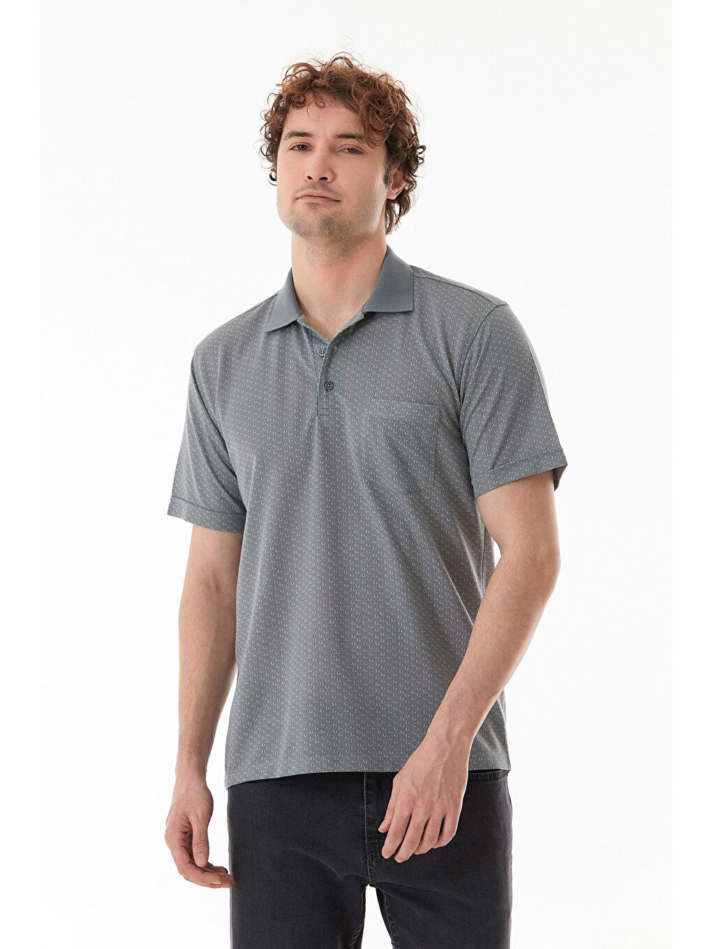 Gri Desenli Düğmeli Polo Yaka Tişört