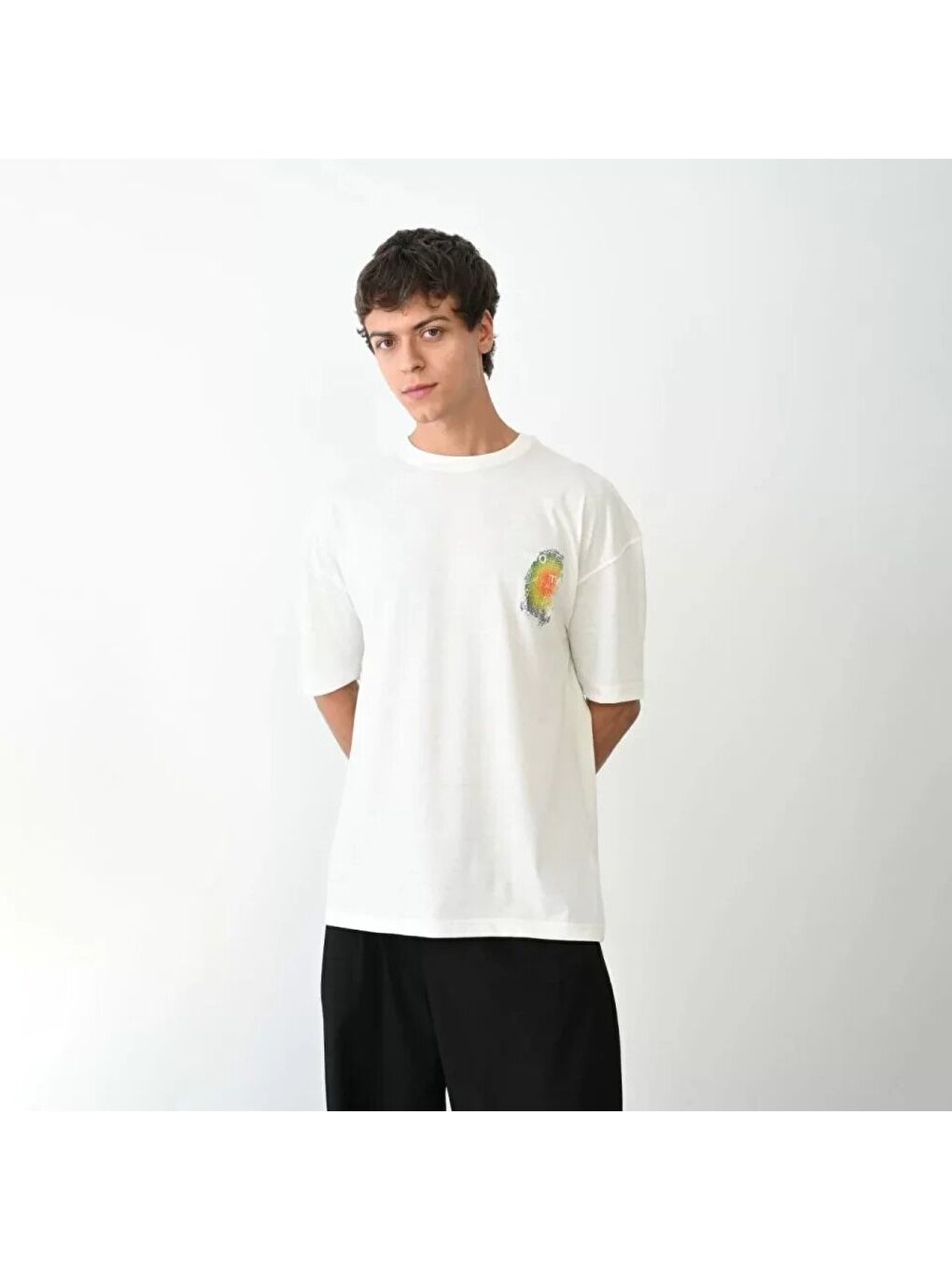 Unisex Bisiklet Yaka Baskılı Oversize T-Shirt - Beyaz-2