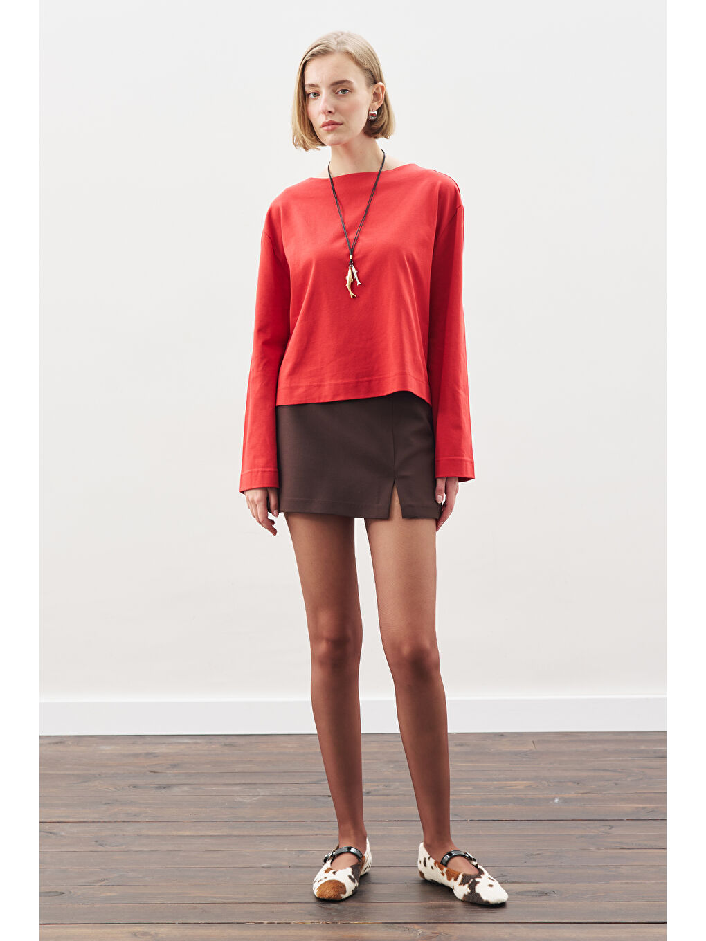 Kayık Yaka Uzun Kol Tshırt Kırmızı-1