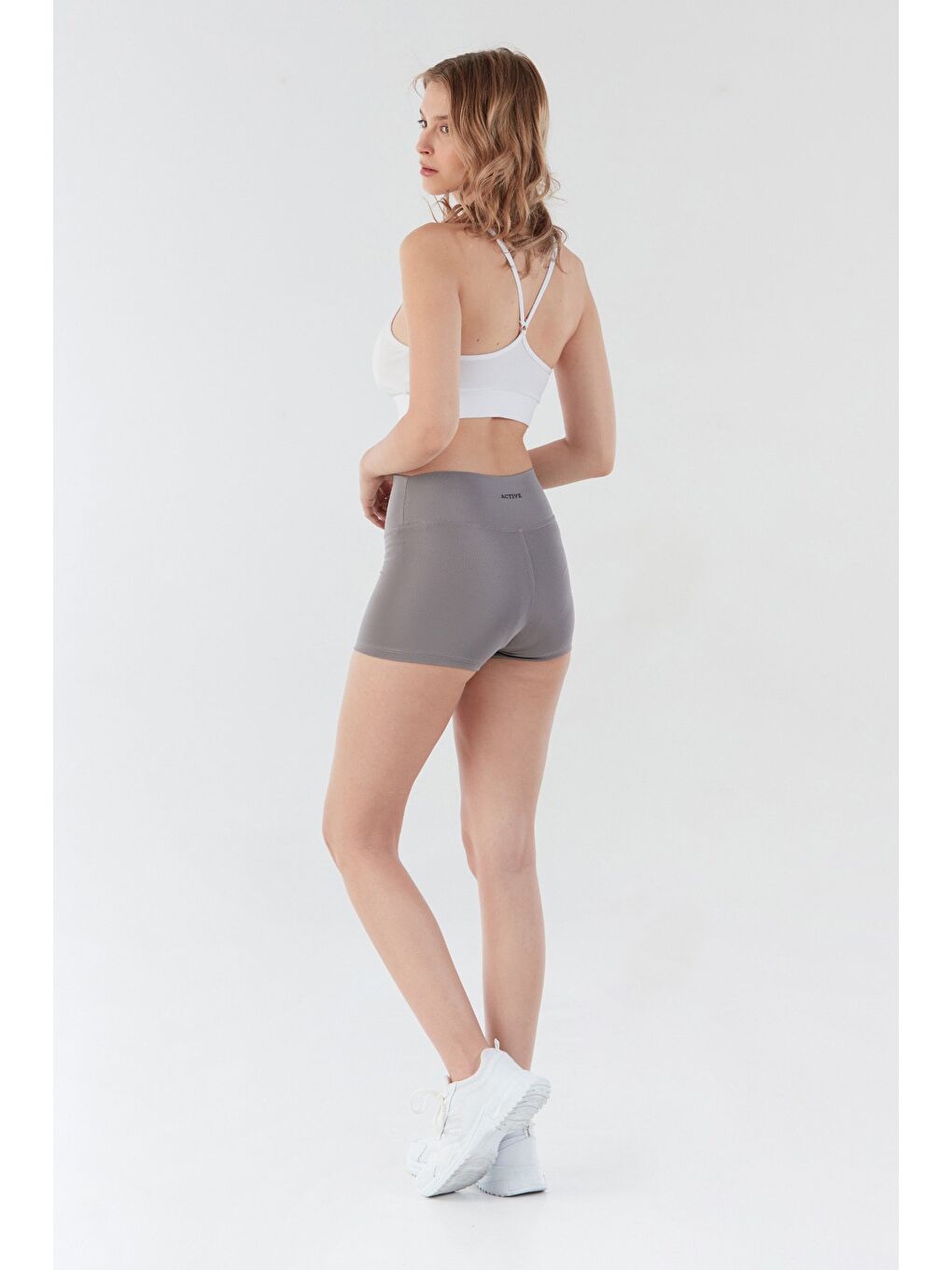 Gri Active Yazı Baskılı Dalgıç Kumaş Biker Tayt-1